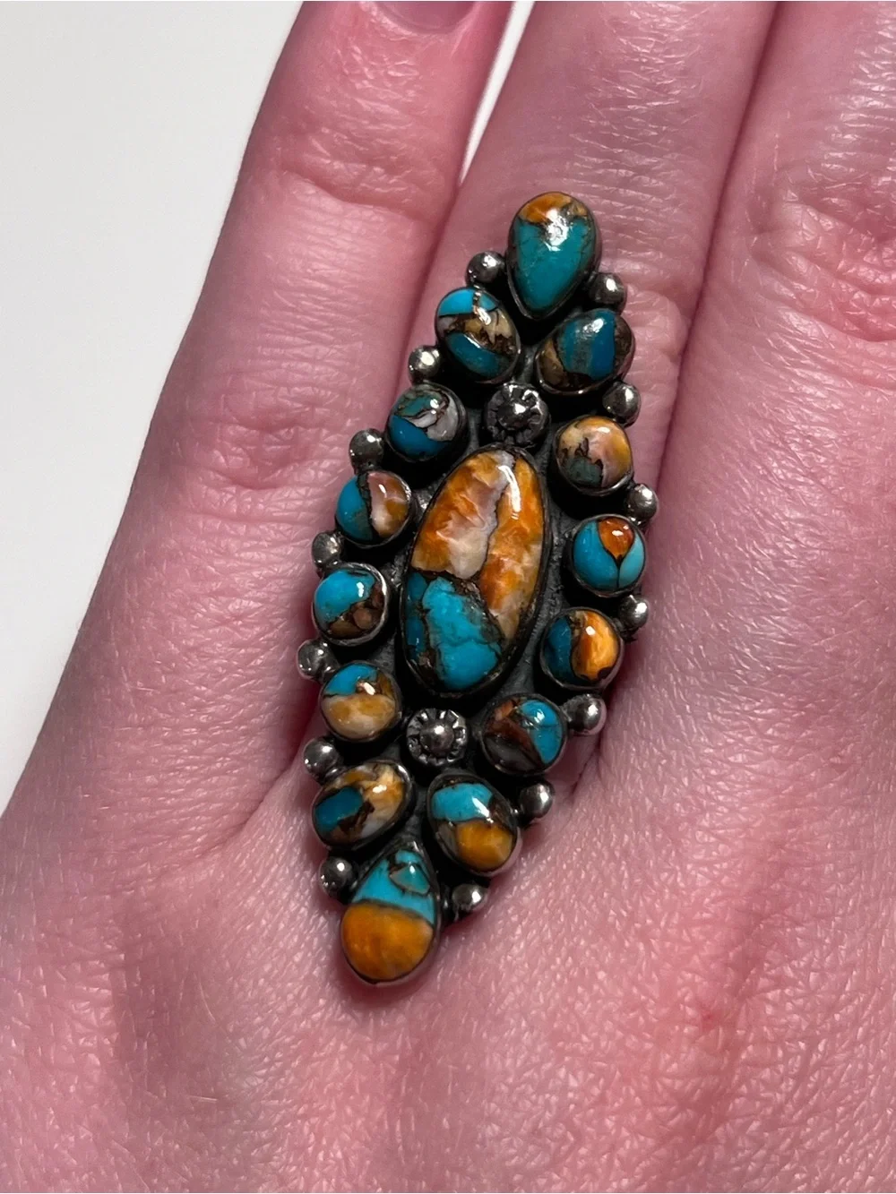 925 Sterling Silver Multi-Stone Turquoise Cluster Ring Southwestern Style Size 6